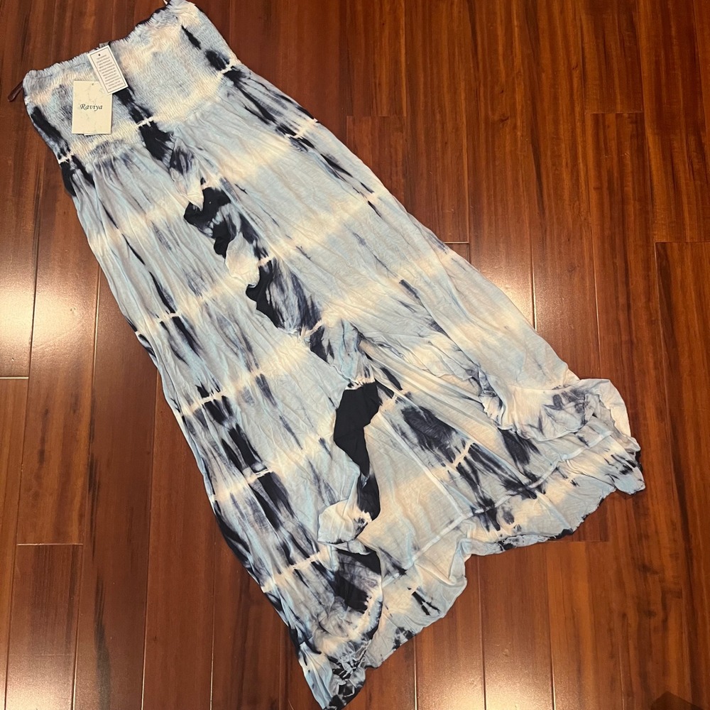 Raviya Maxi Dress Strapless Sky Blue Tie Dye Tiered Smock Stretch Boho Small